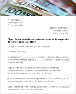 Lettre de reprise de versements de pension de retraite complémentaire