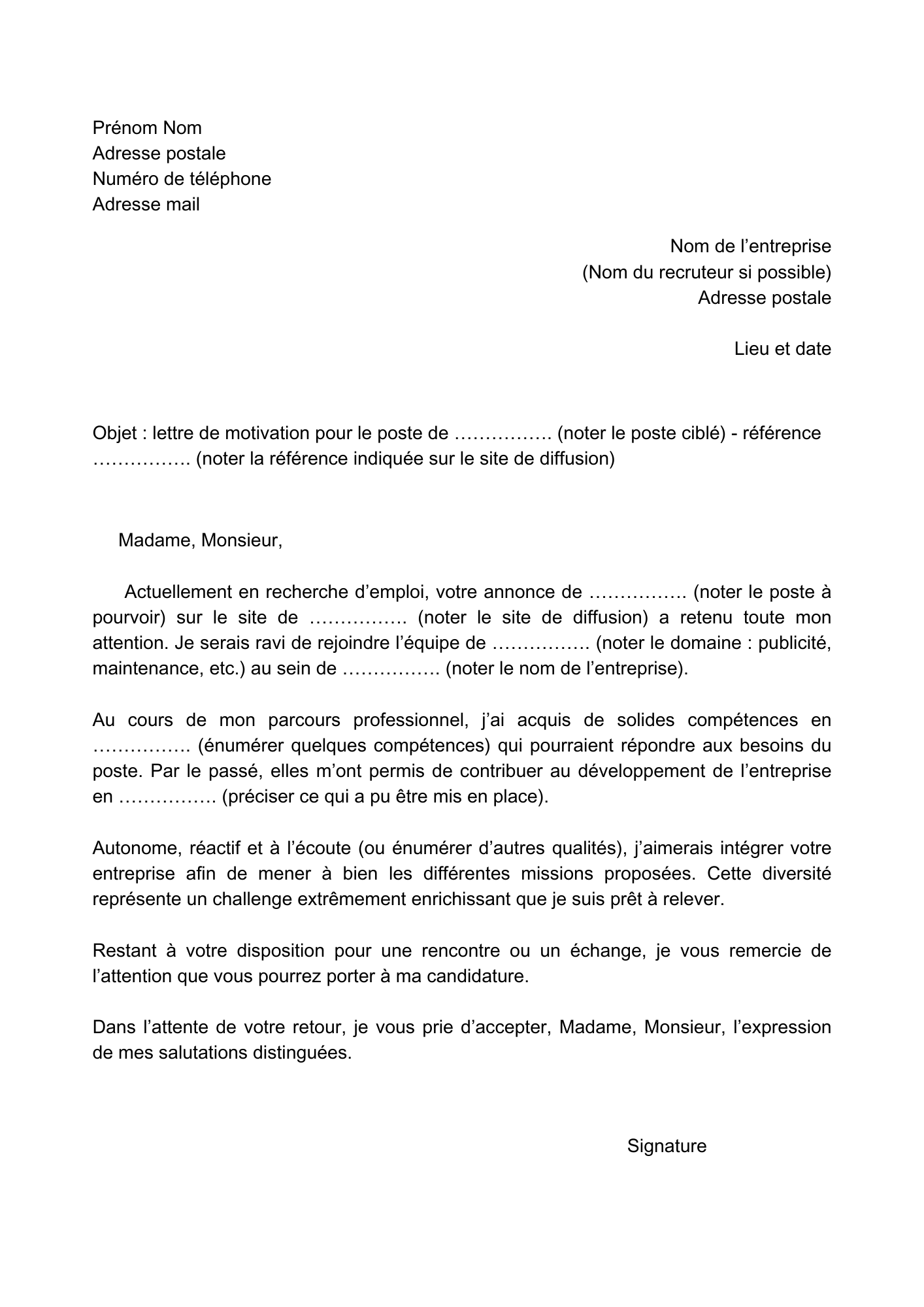 Lettre de motivation Lettre de motivation type d'un candidat