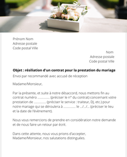 Lettre de résiliation d'un contrat pour la prestation du mariage