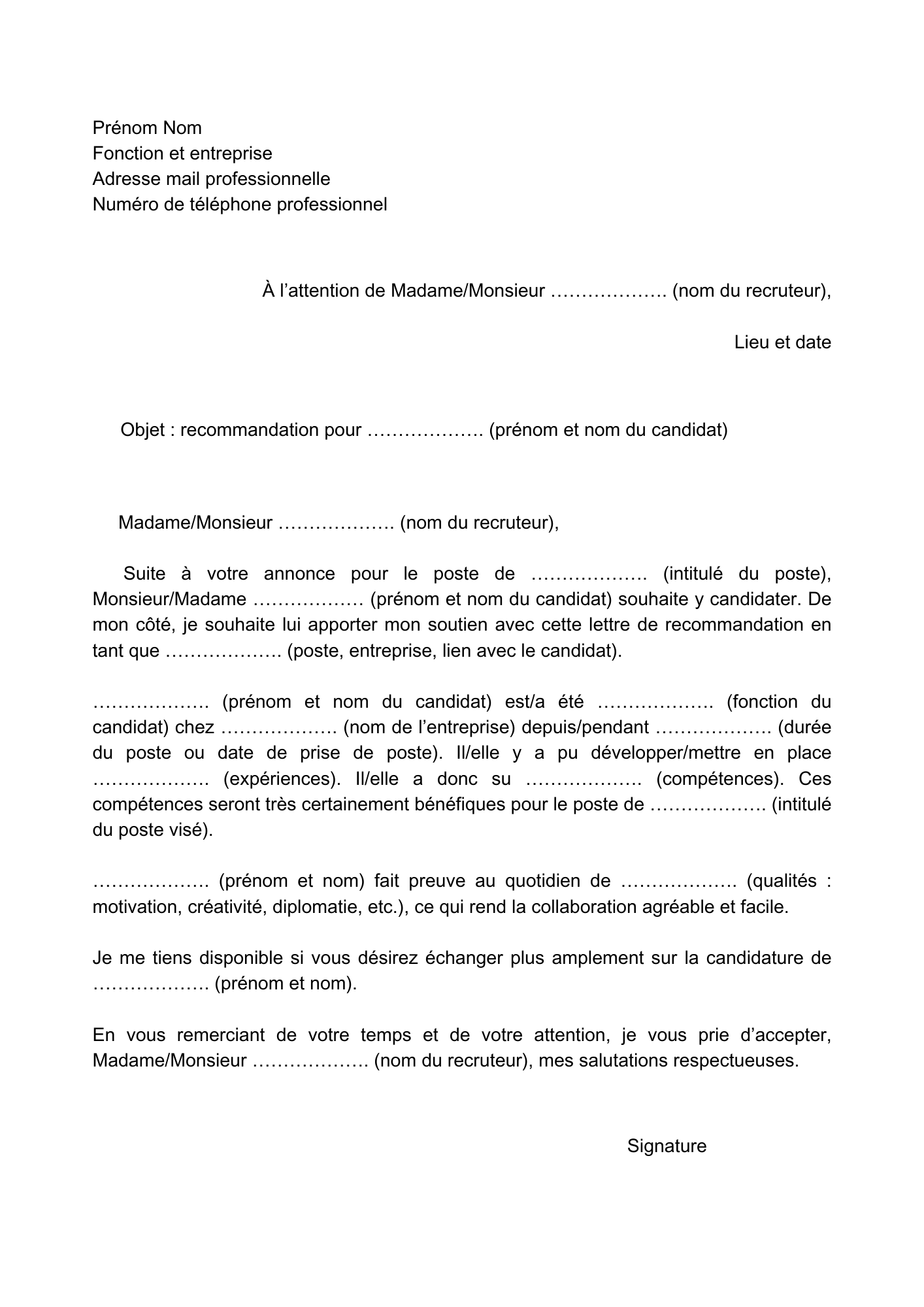 Exemple de lettre de recommandation