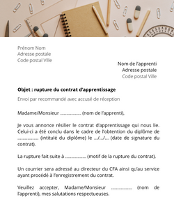 Lettre de rupture d'un contrat d'apprentissage par l'employeur